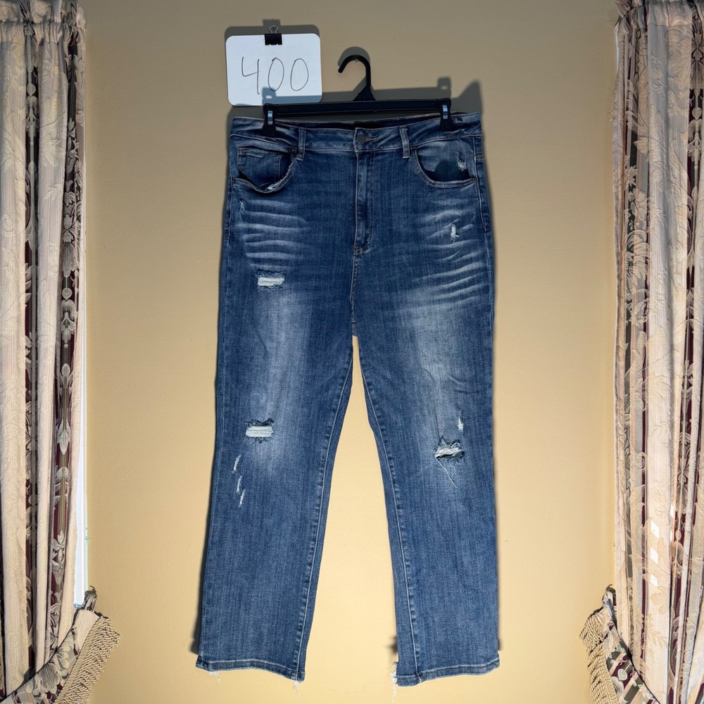 Risen Jeans Womens 1XL Distressed High Rise Straight Leg Blue Denim XRDP1268